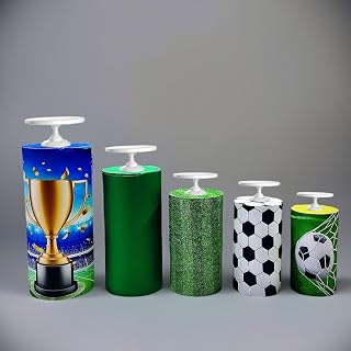 5 Piece Cylinder Covers for Dessert Table Soccer Sports Theme Birthday Party Decor Green Trophy Round Pedestal Covers for Cake Display Kids Event Football Celebration Decoration