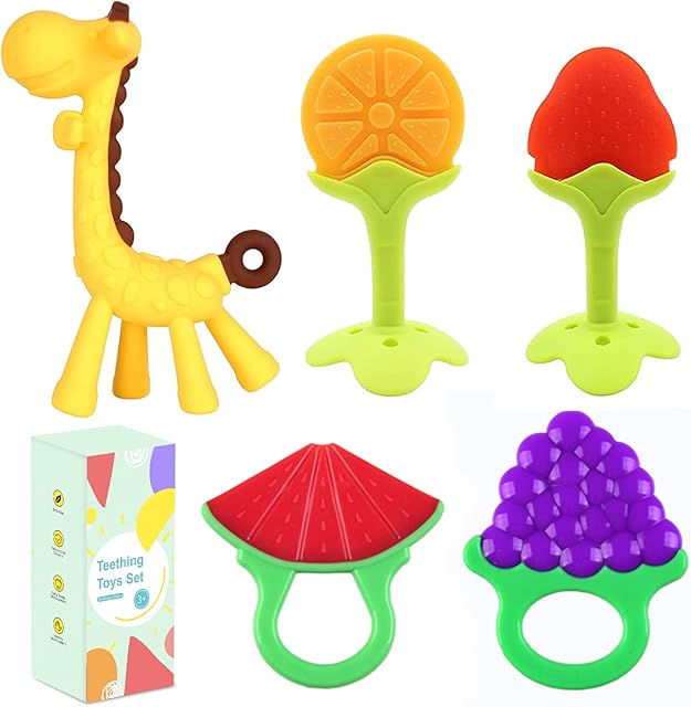 5 PCS Teething Toys for Baby, QpenguinBabies Silicone Fruit Baby Teether Toys Set, Soft Freezable Baby Giraffe Teething Stick Ring Soothe Babies Gums¡­
