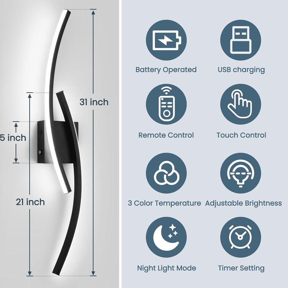 2 pcs LED Luz de Pared Larga 80CM Batería Lámpara de Pared Sin Corriente USB Cargador Aplique de Pared Regulable con Mando a Distancia e Interruptor Táctil Temporizador Luminaria de Pared Lámpara