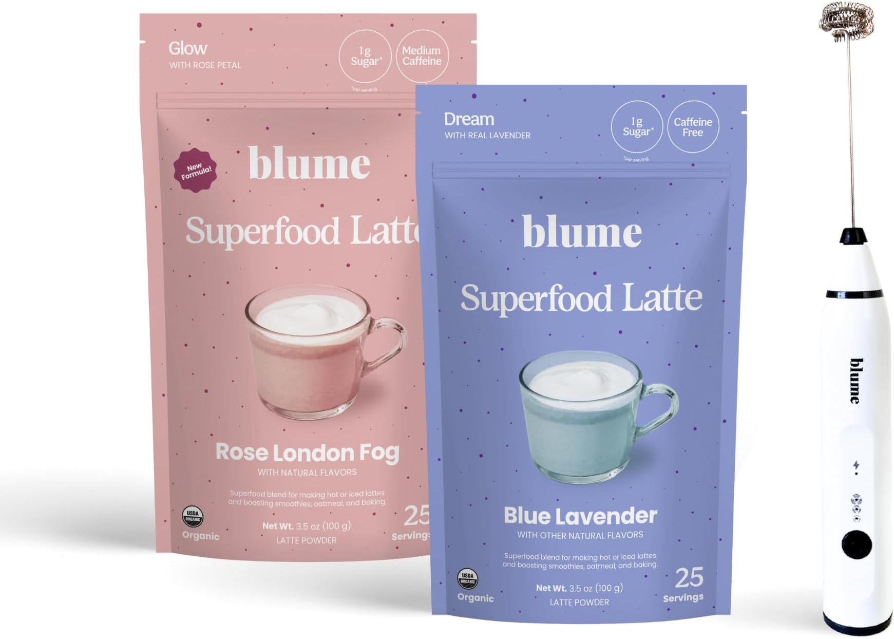 Blume Blue Lavender & Rose Starter Pack - Organic Superfoods Booster for lattes, coffee & smoothies - Vegan, Sugar and Gluten Free - Includes Frother - 60 Servings