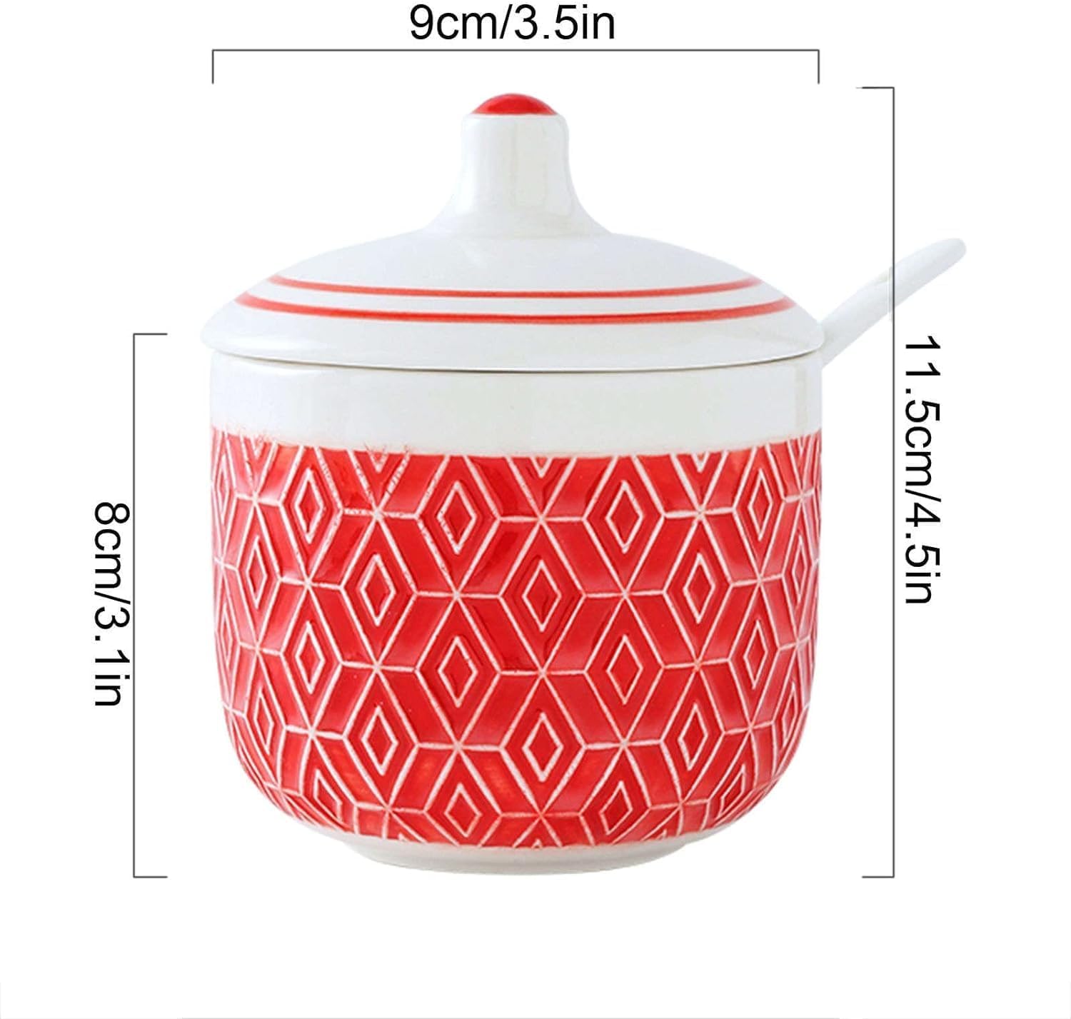 Sugar Bowl,Sugar Container Nordic Sugar Bowl with Lid, Colorful Embossed Lattice Storage Jar, Solid Color Porcelain Sugar Pot, Salt Pot, for Coffee Bar, Restaurant-Pink-9x8x11.5cm(Red)