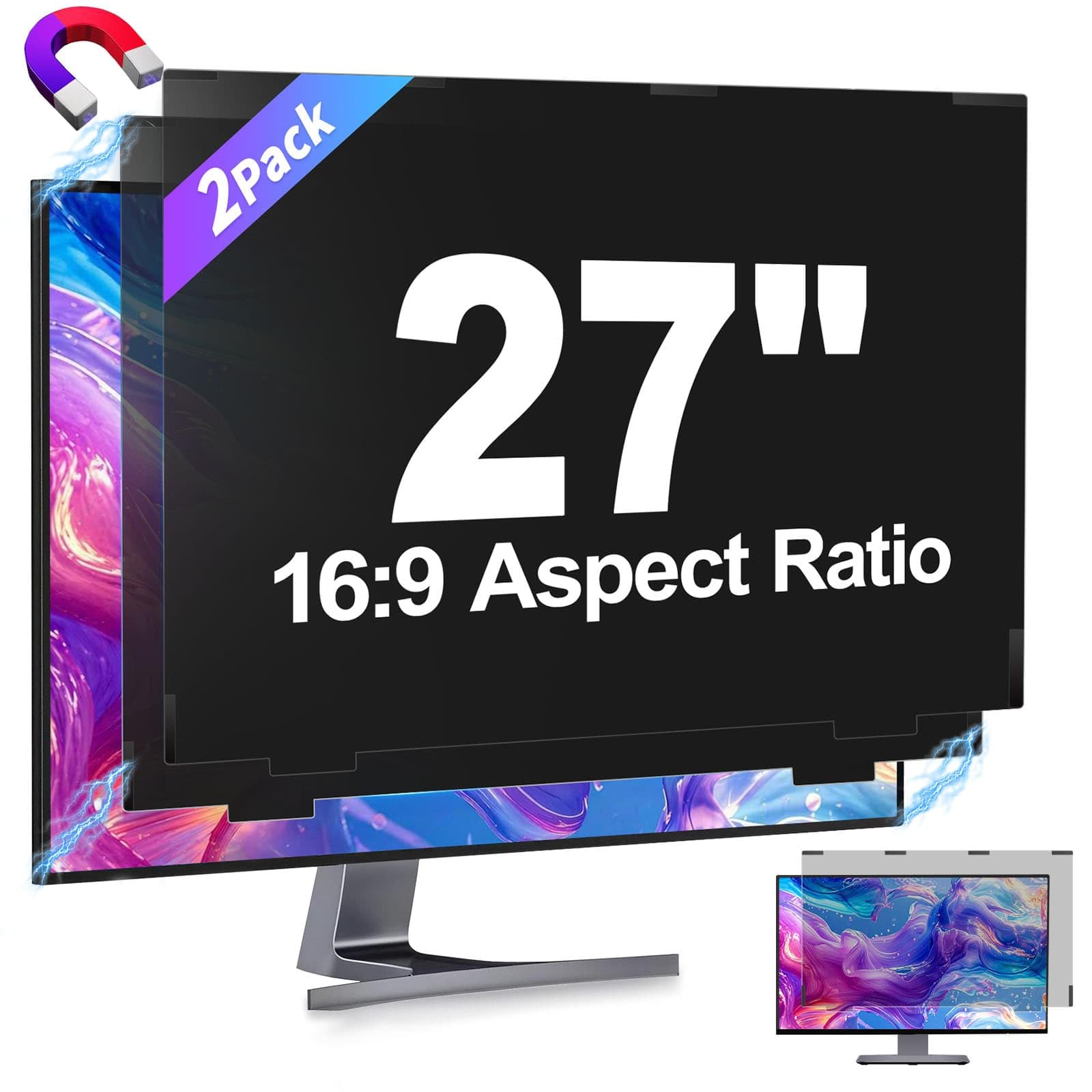2 Pack Magnetic Removable 27 inch Computer Privacy Screen Filter for 16:9 Widescreen Monitor Desktop PC, 27inch Anti Blue Light Glare Eye Protection Shield, Anti Spy Screen Protector Screen