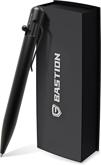 BASTION Black Stainless Steel Bolt Action Pen with Gift Case - Luxury Executive Retractable Metal Pen - Ink Refillable Office Business Novelty Pocket EDC Writing Ballpoint Pens for Men & Women