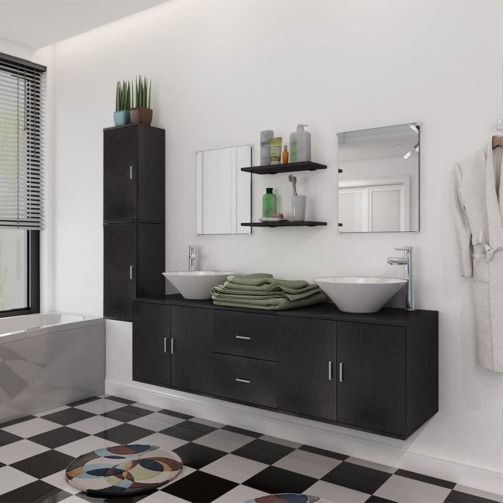 vidaXL Ensemble 9 pcs de mobilier Meuble de Salle de Bain et lavabo Vasque Noir