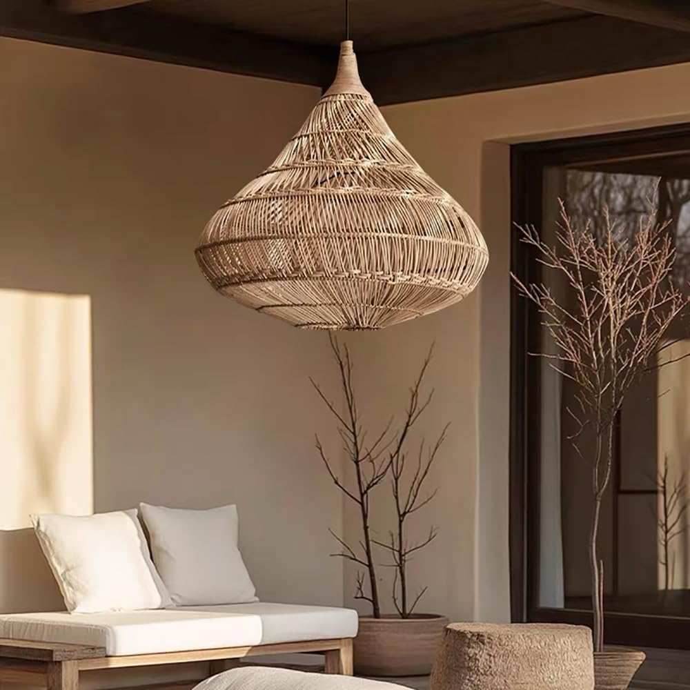 XQIDIANAA Boho Wicker Chandelier,W 23.6" Rustic Rattan Basket Pendant Light Fixture Coastal,Farmhouse Hanging Lighting for Dining Table Kitchen Island Bedroom