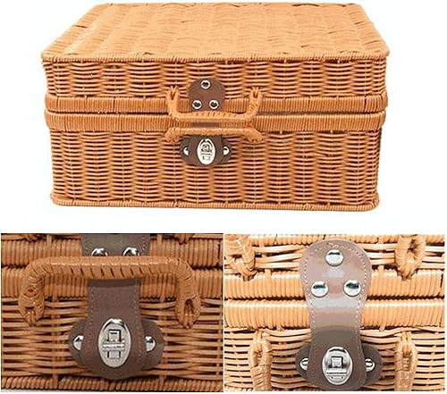 Miniatura 6 de Contenedores de almacenamiento de mimbre tejido plano con tapa, cajas de cestas de hierba marina natural, multiusos, organizador para el hogar,