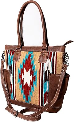 American Darling Western Tote Bag Handwoven Saddle Blanket Genuine Leather Trim, Everyday Work or Travel Purse