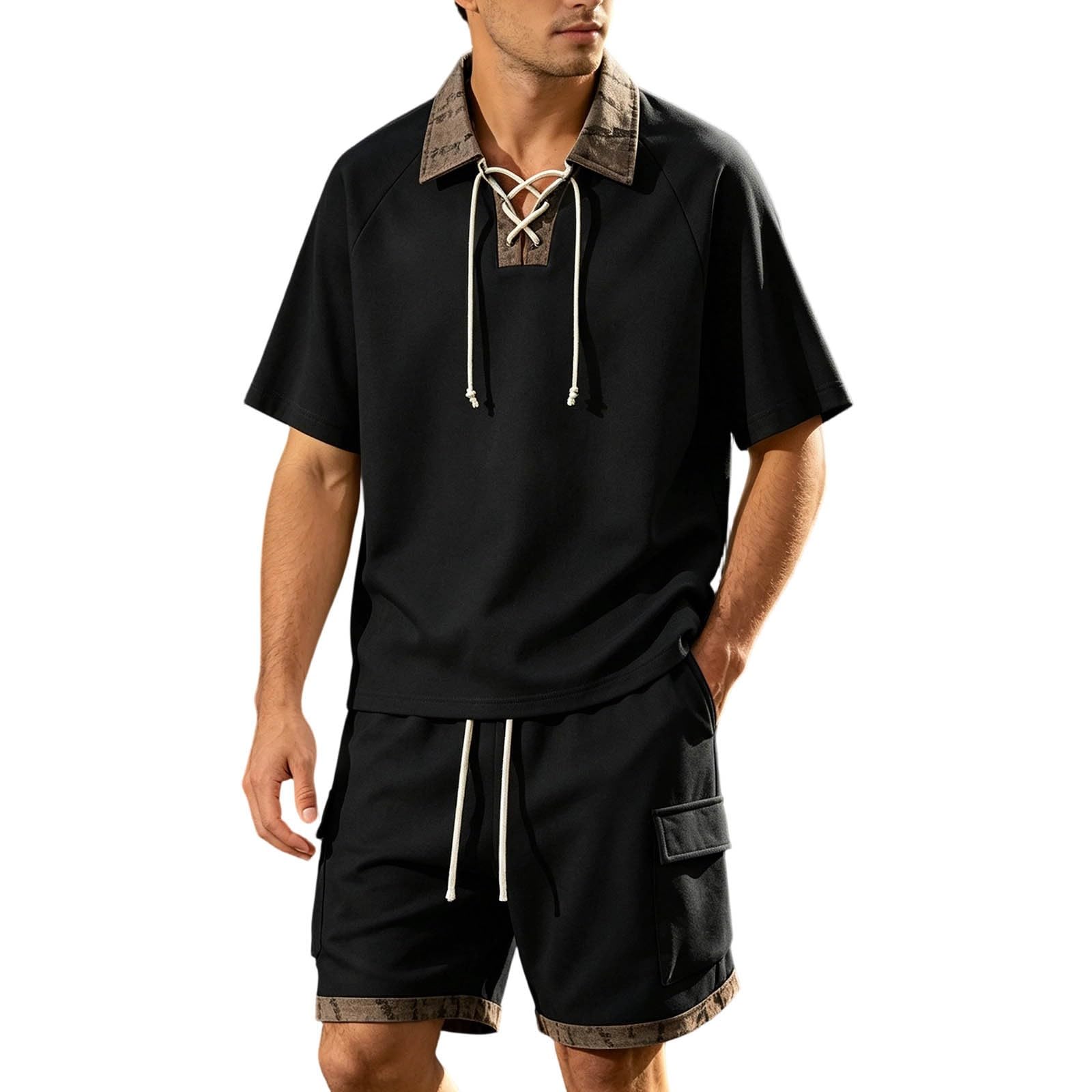 Tuta da jogging da uomo, due pezzi, polo e pantaloncini, con coulisse, estiva, per il tempo libero, abbigliamento sportivo, con risvolto, tuta da allenamento per attività all'aperto