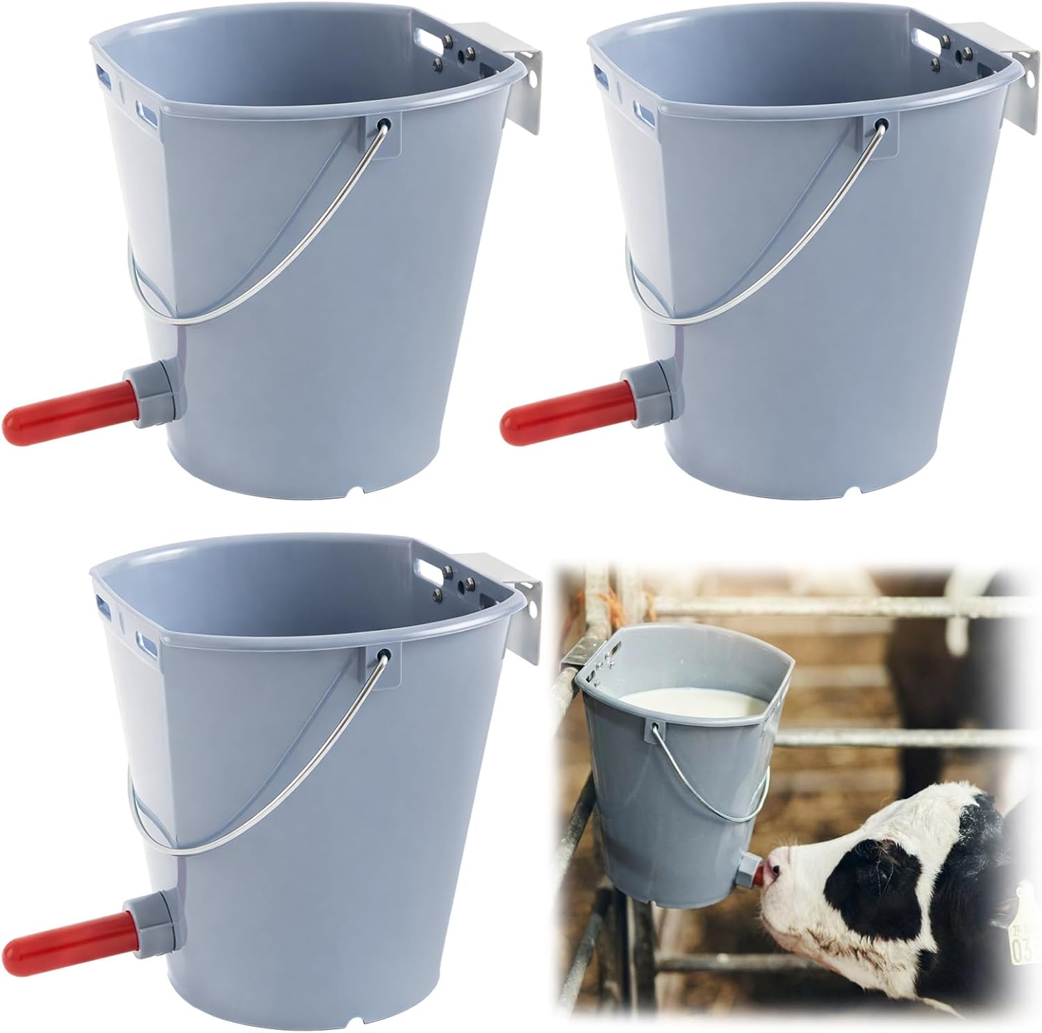 Sawysine 3 Pcs 8.45 Quart Calf Nursing Bucket, Single Teat Feeder with Metal Hanger, Hanging Calf Pail with Nipple Livestock Feeder for Over The Fence, Stall, Barn, Cowshed/Cattle Housing