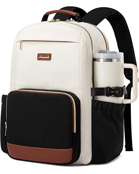 LOVEVOOK Laptop Backpack for Women with Pouch Pocket for Large Capacity Cup,15.6 Inch Laptop Computer Bag Travel Backpack Purse,Waterproof Work Business Backpack College Teacher Bags,Beige-Black-Brown