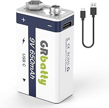9V Rechargeable Batteries, 650mAh 9V Rechargeable Lithium Batteries with USB-C Charging Cable, for Smoke Detectors, Microphones, Walkie-Talkies and More 1 Pack