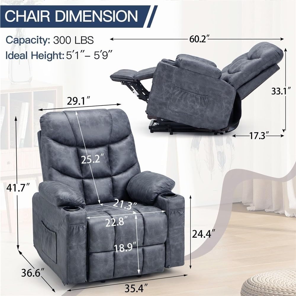 Comfort Power Lift Recliner Chair for Elderly, Heavy Duty Electric Lift Chair with Heat & Vibration Massage, Adjustable Reclining Sofa, USB Charging Port, Cupholders