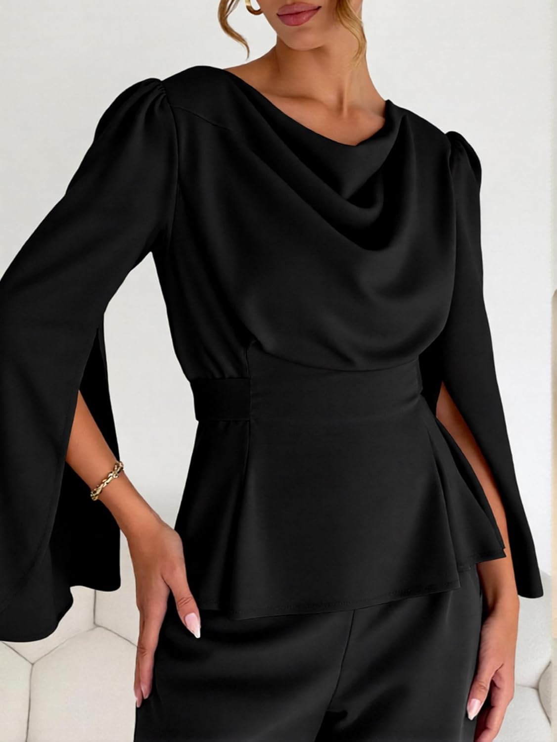 Women's Cowl Neck Satin Blouse Split Long Sleeve Peplum Tie Back Elegant Tops - Image 4