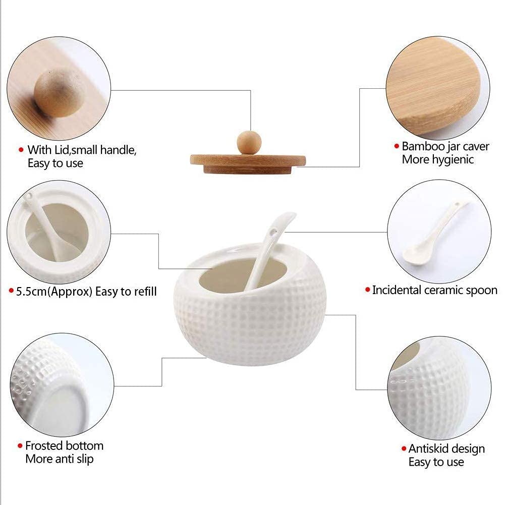 Lot de 3 récipients à épices en céramique avec couvercle et cuillère, pots à sucre et sel, porte-épices pour cuisine et table à manger (C)