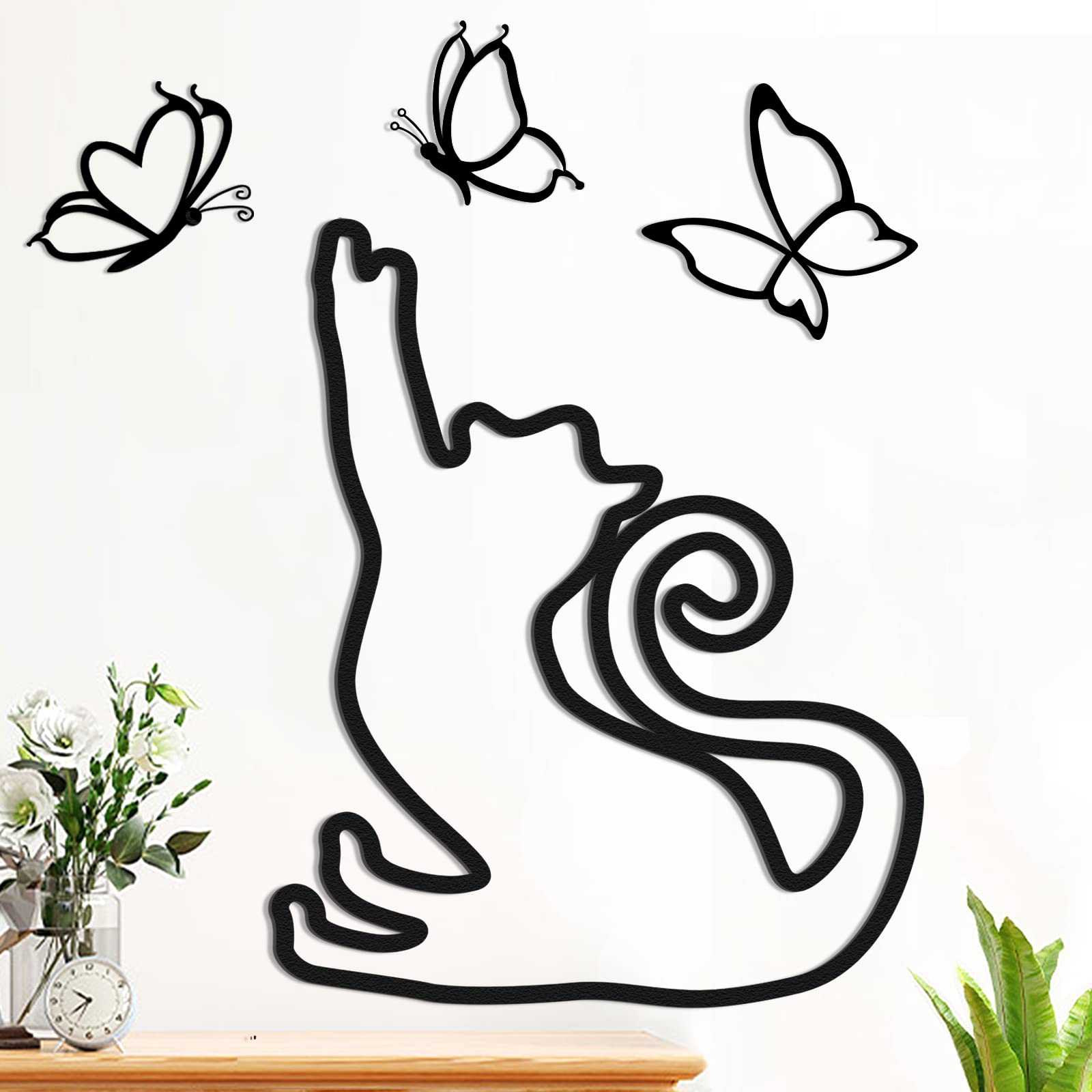 WEKEY Metal Wall Art,Cat Play with Butterfly Wall Decor,Black Wire Art Wall Decor, Cute Cat black Metal Wall Decorations for Home,Bedroom,Animal Black Wire Art Home Ornament,Wall Decor Gifts for Cat