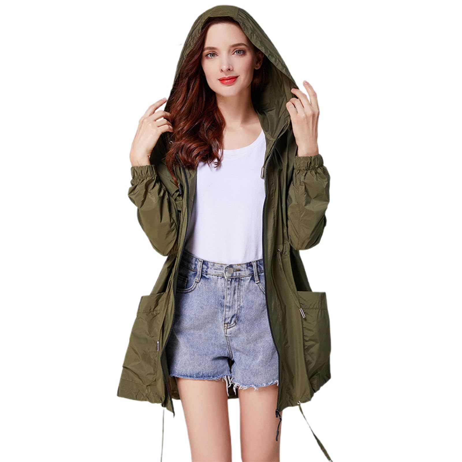 Generisch Chubasquero para mujer, cintura corta, ajuste estrecho, resistente al viento, con capucha, para adultos, estudiantes, paseos y desplazamientos (verde militar, talla única)