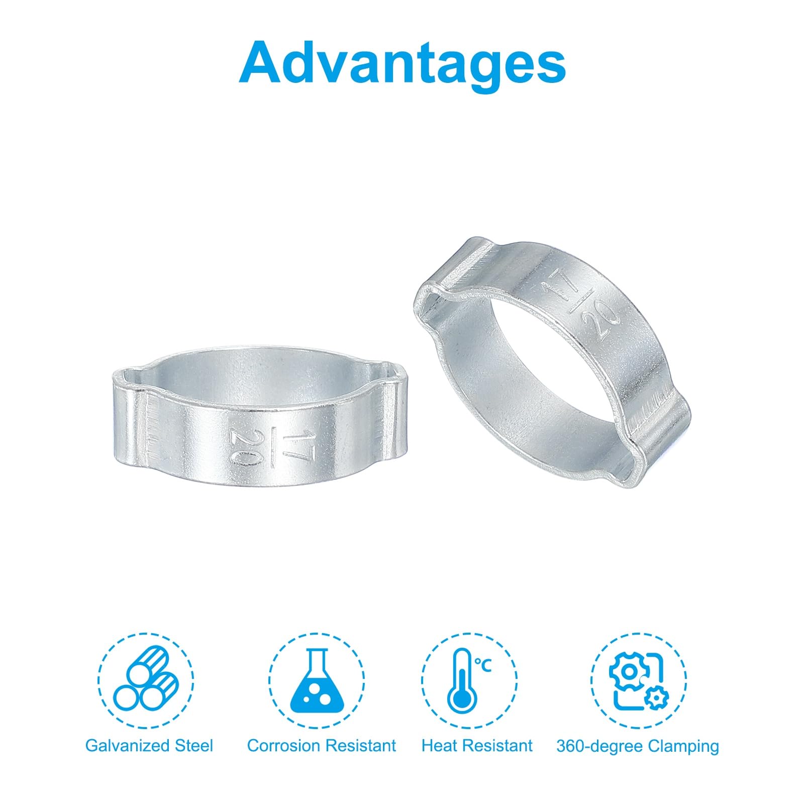 PATIKIL 35 Pack 17-20mm Double Ear Hose Clamp, Galvanized Steel O Clip Crimp Rings for Fuel Petrol Pipe Tube Fitting Connections, Silver Tone - Image 3