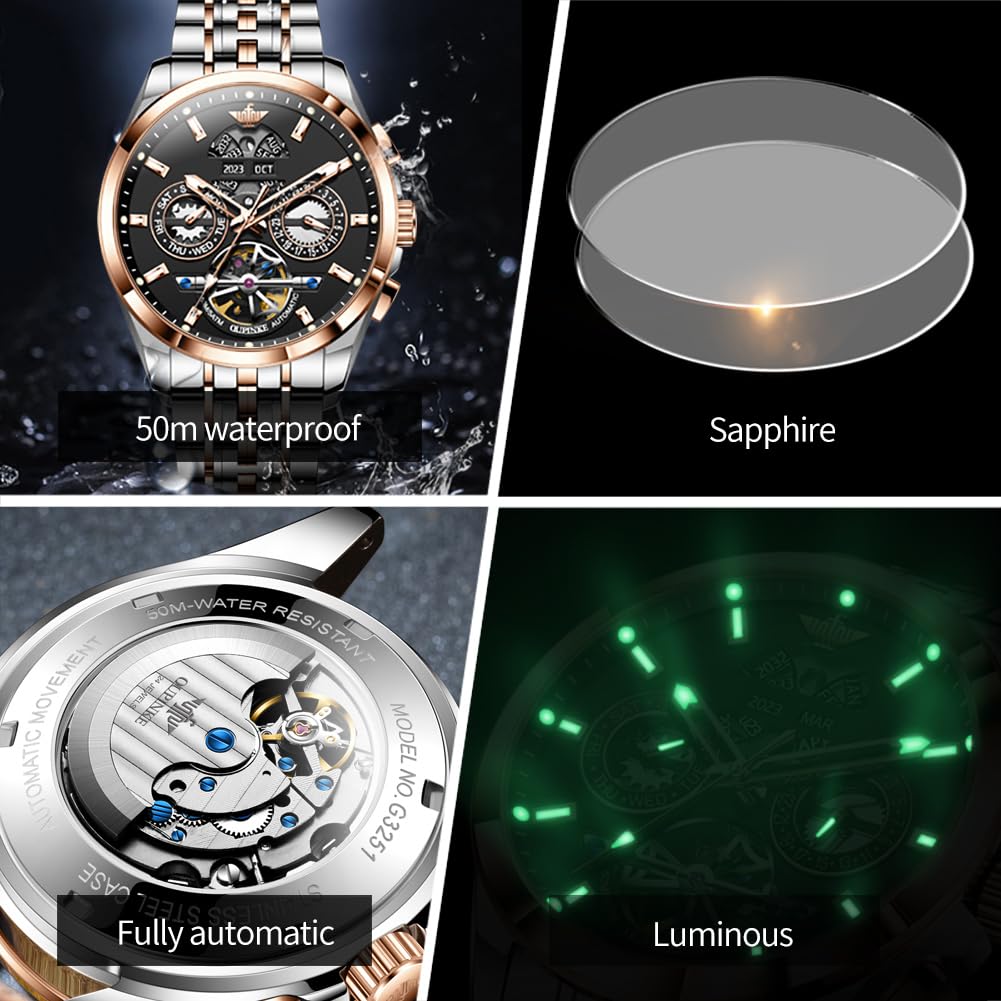 OUPINKE - Reloj automático para hombre, 5 manecillas, calendario múltiple, año, mes, semana, fecha, mecánico, 5 ATM, impermeable, acero de tungsteno, cristal de zafiro, reloj de pulsera para hombre