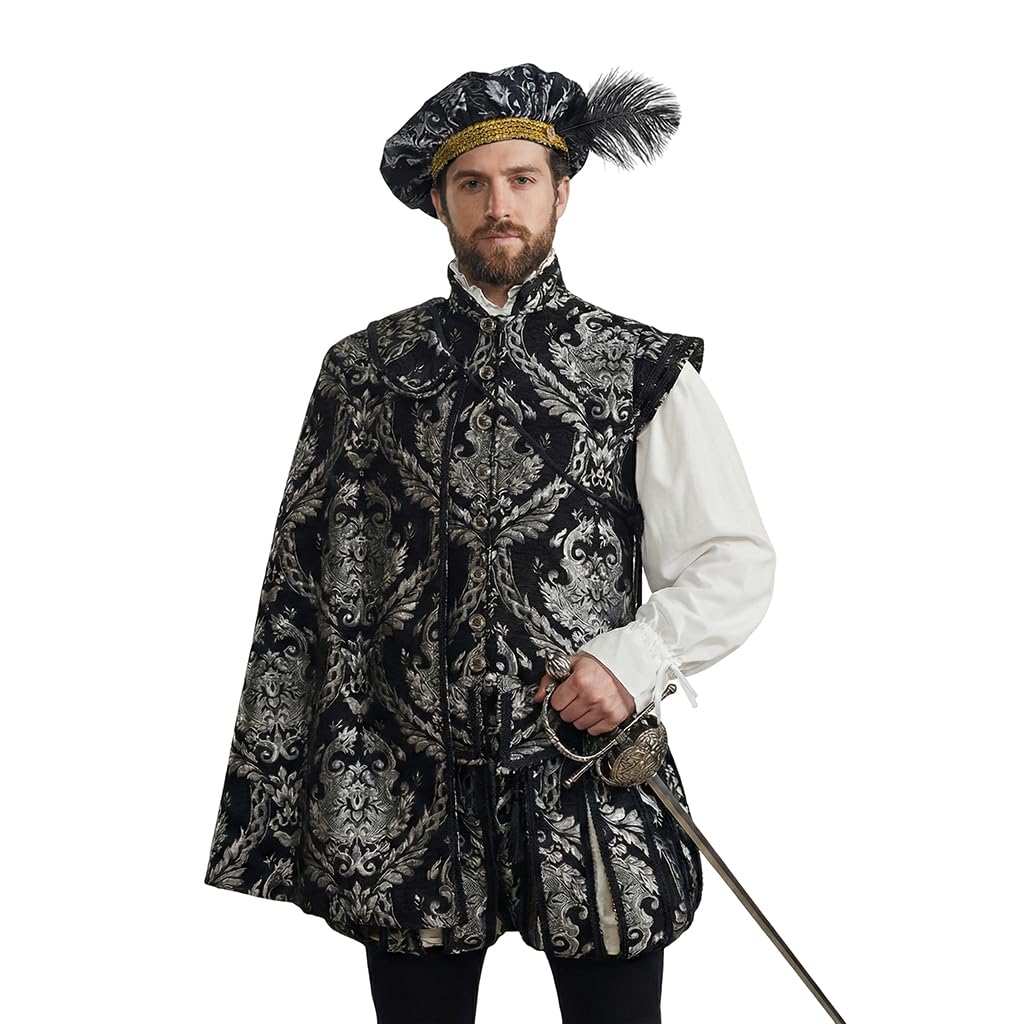 Diajosa cos Men's Tudor Elizabethan Period Costume Renaissance Tudor Nobleman Prince King Costume Lord Suit (Black Silver, XXL)