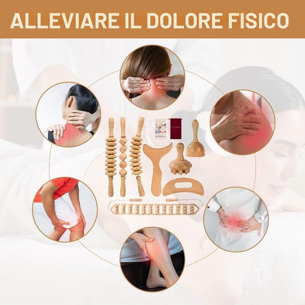 Set di massaggi in legno, 8 pezzi, massaggiatori per maderoterapia per drenaggio linfatico, modellazione del corpo e anticellulite, rilassamento muscolare e sollievo dal dolore