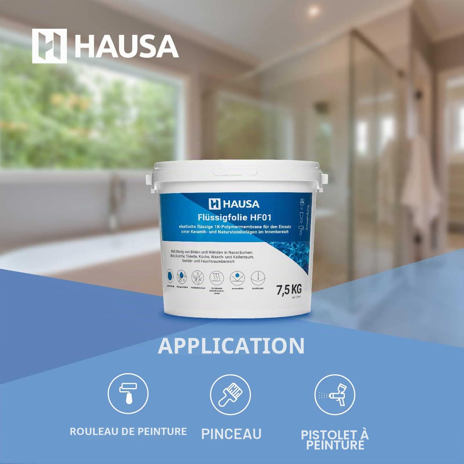 HAUSA HF01 Film Liquide pour l'Intérieur Étanchéité de Douche de Salle de Bain Membrane Polymère Élastique Liquide Monocomposant Masse d'Étanchéité Film d'Étanchéité Bleu 7,5kg à 7,5m2