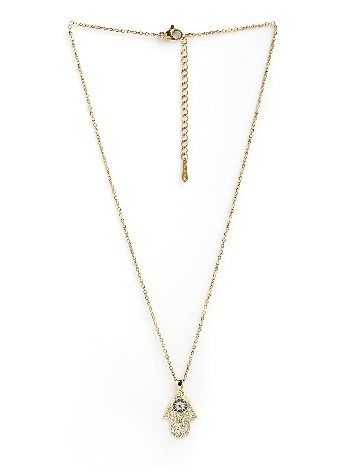 Karatcart Gold-Plated Hamsa Hand Pendant Necklace with Blue & White CZ Stones for Women