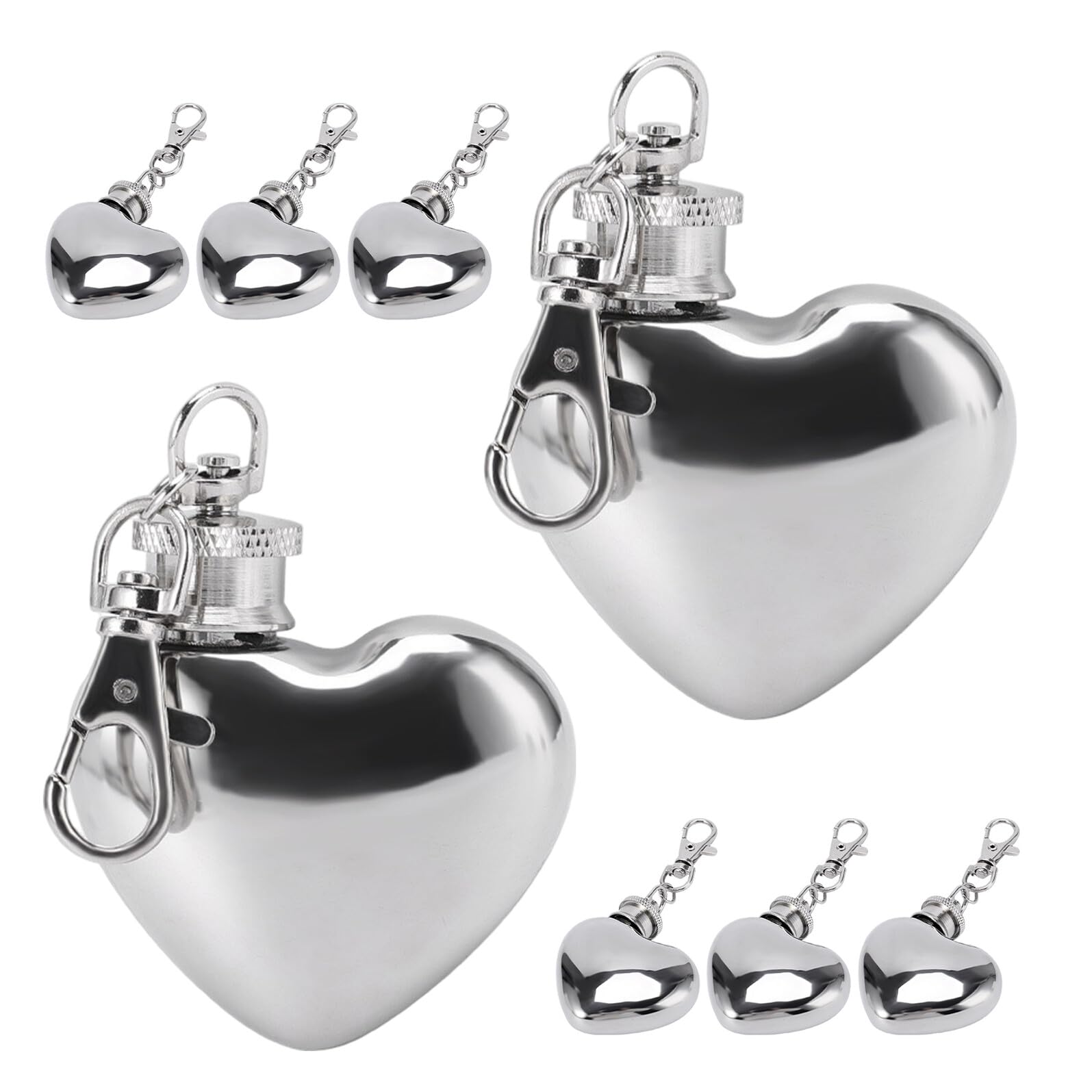 Lot de 8 flasques mini coeur en acier inoxydable avec porte-clés