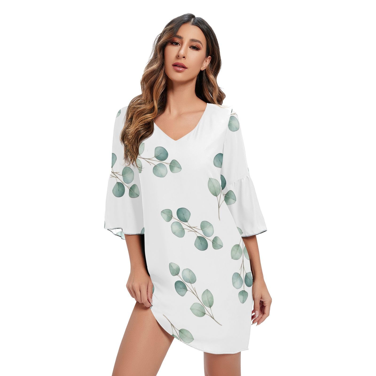 Robe 3/4 manches imprimée feuilles eucalyptus col V blanc
