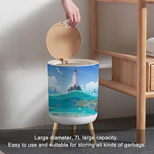 Miniatura 5 de Bote de basura con tapa de dibujos animados Faro de mar Puerto náutico Clipart Cubierta de prensa Pequeño cubo de basura redondo con patas de madera