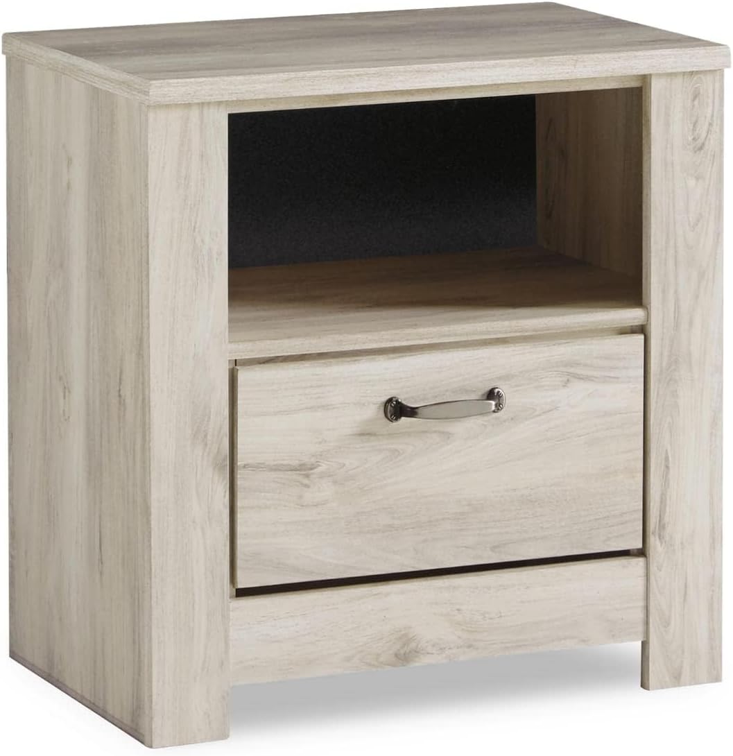 BOWERY HILL 1 Drawer Nightstand with USB Ports, Whitewash Finish, Engineered Wood, 24.61" H x 23.78" W x 15.91" D, Brushed Nickel Hardware, Faux Linen Lined Drawer, Bedroom Storage