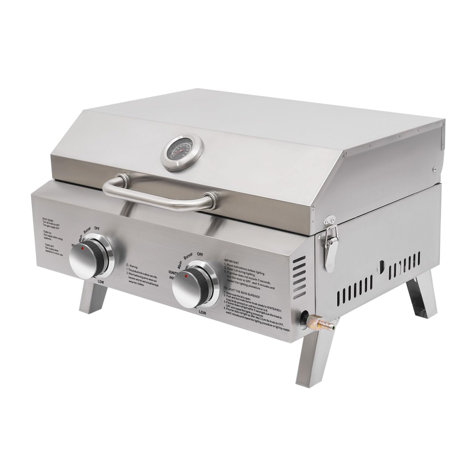 Barbecue à gaz de table en acier inoxydable - 2 brûleurs - Portable - Avec thermomètre - Pour barbecue, balcon, camping, extérieur