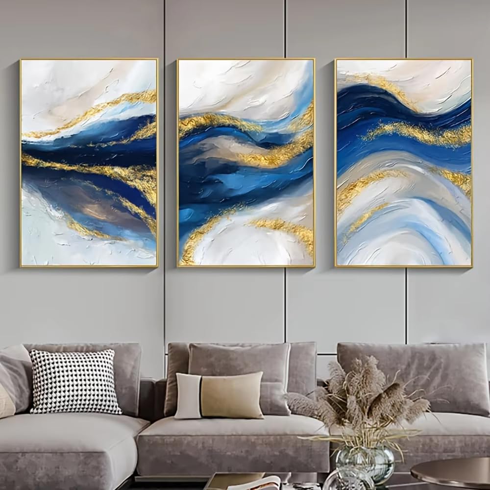 DFZEWKI frameless Golden Blue Abstract Ocean Canvas Painting Modern Artwork Luxury Poster and Print Wall Art(70x100cm(28x39in) x3/No frame)