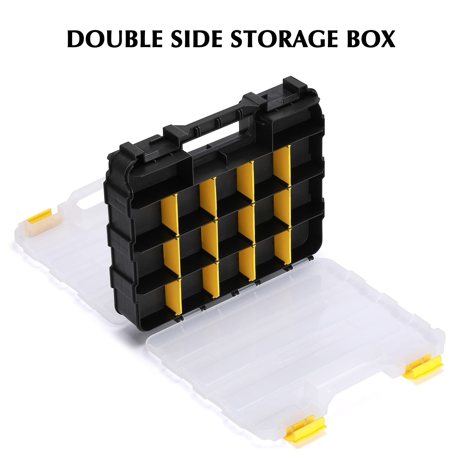 EMENTOL 2 organizer doppio lato per attrezzi con divisori in plastica personalizzabili/rimovibili, custodia per viti, dadi, chiodi, bulloni, 34 scomparti, nero/giallo