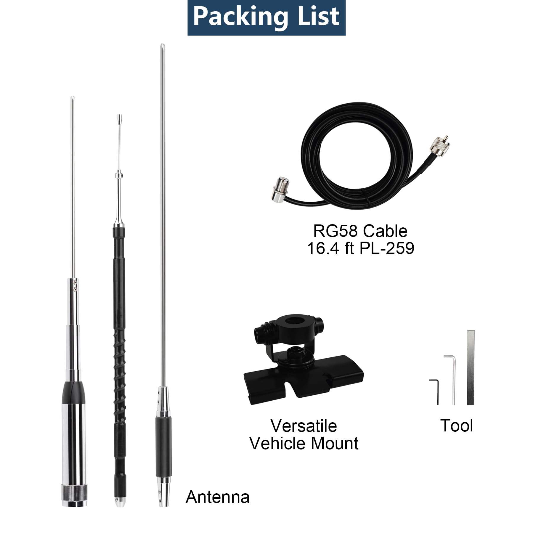 Antena de radio móvil de banda cuádruple de 10 m, 6 m, 2 m, 70 cm, 29/50/144/430 MHz, antena de alta ganancia para radio Molie de coche con cable coaxial de 16.4 pies y clip de base