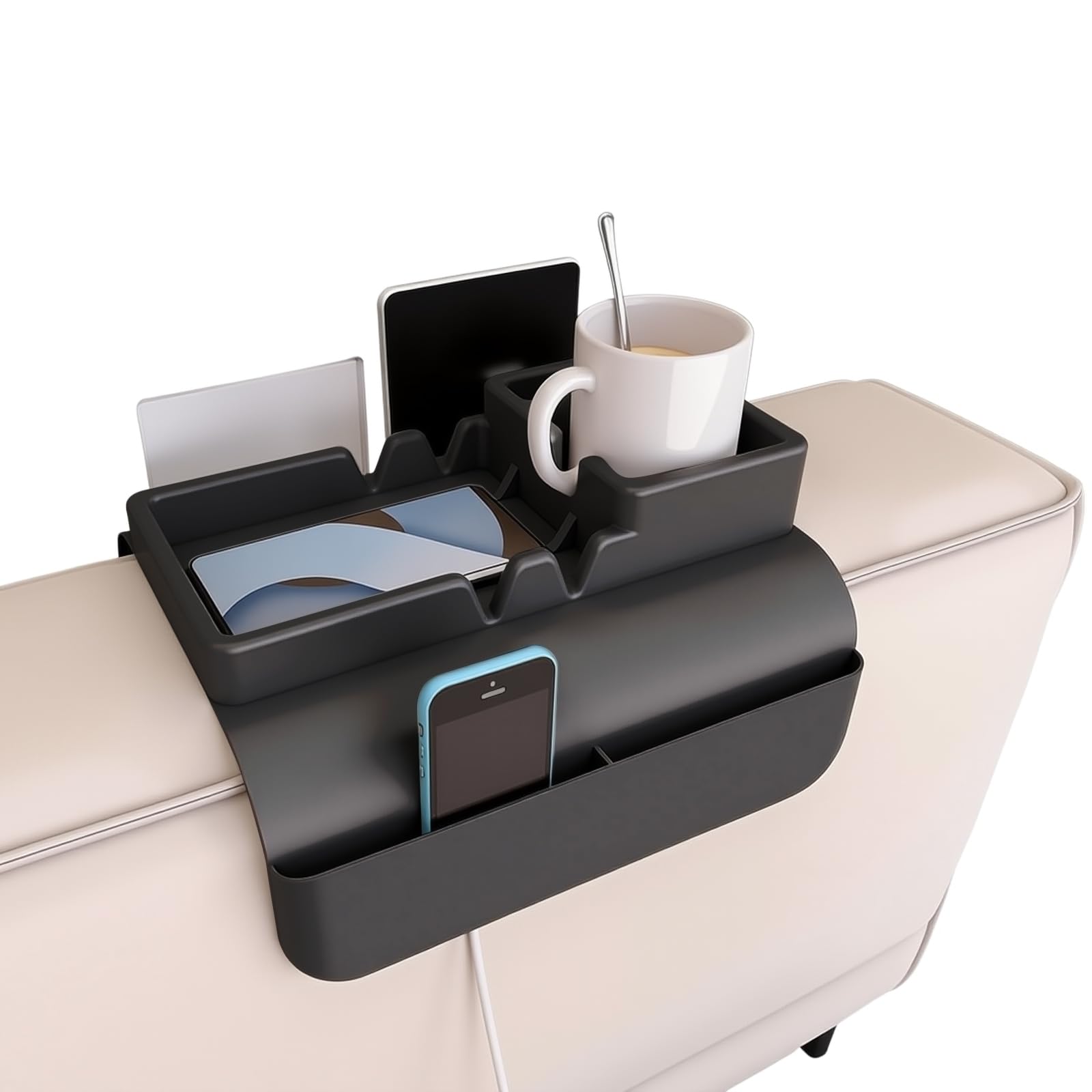 HapSmile Sofa Arm Tray, Silicone Arm Chair Table Tray Anti-Slip with Dual Side Pockets, Sofa Caddy with Phone Holder for Cup, Phone, Tablet, Remote Control Snack Black
