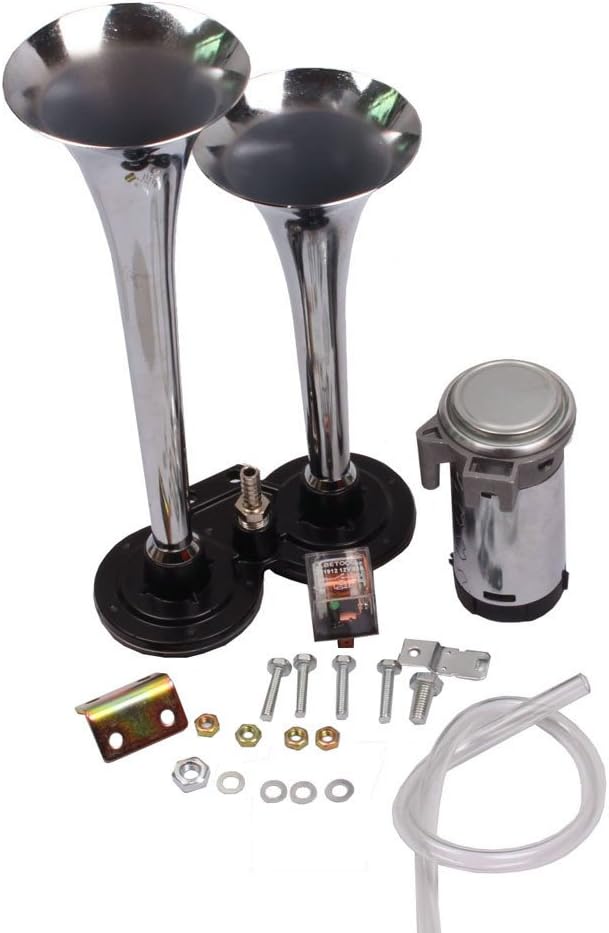 BETOOLL HW3036 Chrome 12V Dual Trumpet Air Horn Compressor Kit Train Car Truck Boat Super Loud