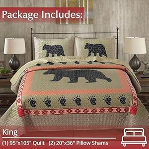 Virah Bella Quilt Collection - Bear & Paw Printed Bedding Set, 3-Piece King - Reversible Quilt with 2 Matching Pillow Shams Virah Bella Quilt Collection Bear Paw Printed Bedding Set 3 Piece King Reversible Quilt with 2 Matching Pillow Shams
