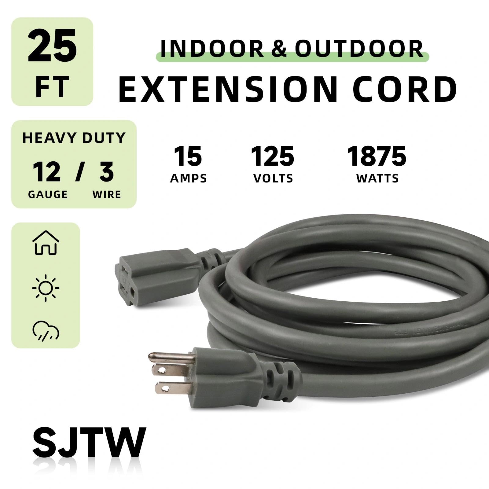 EP - Cable de extensión para exteriores de 25 pies, 12/3 SJTW cable de extensión resistente con enchufe de 3 clavijas, cable de alimentación de 15 amperios para césped, jardín, electrodomésticos, gris