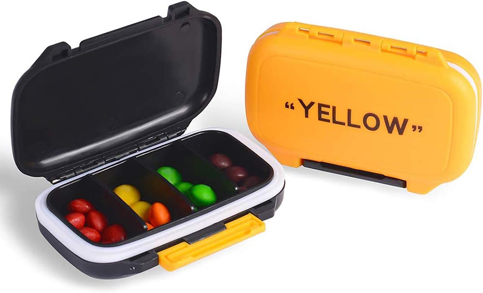 YNester 2 Pack Pill Cases, Fashion Pill Organizer Travel Pill Case Medical Pill Box Dispenser for Vitamins Supplements Medicine Box - 4 Removable Compartments (Yellow + Black)