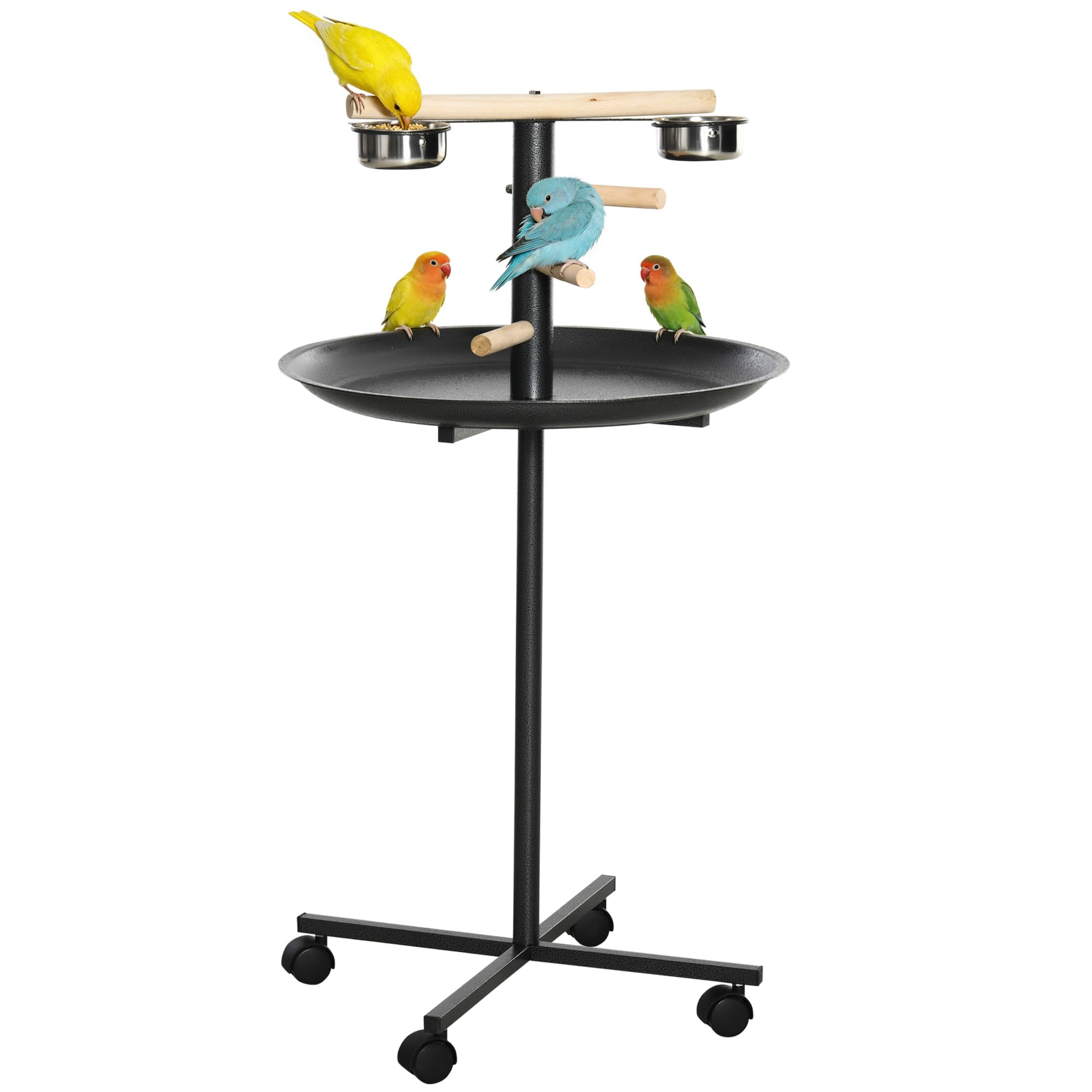 PawHut Perchoir Perroquet Mangeoire à Oiseaux sur Pied Ø 60 x 111 cm Gris | 4 Roulettes, Barres en Bois, 2 Mangeoires en Acier Inoxydable, Plateau Rond à Bords Hauts