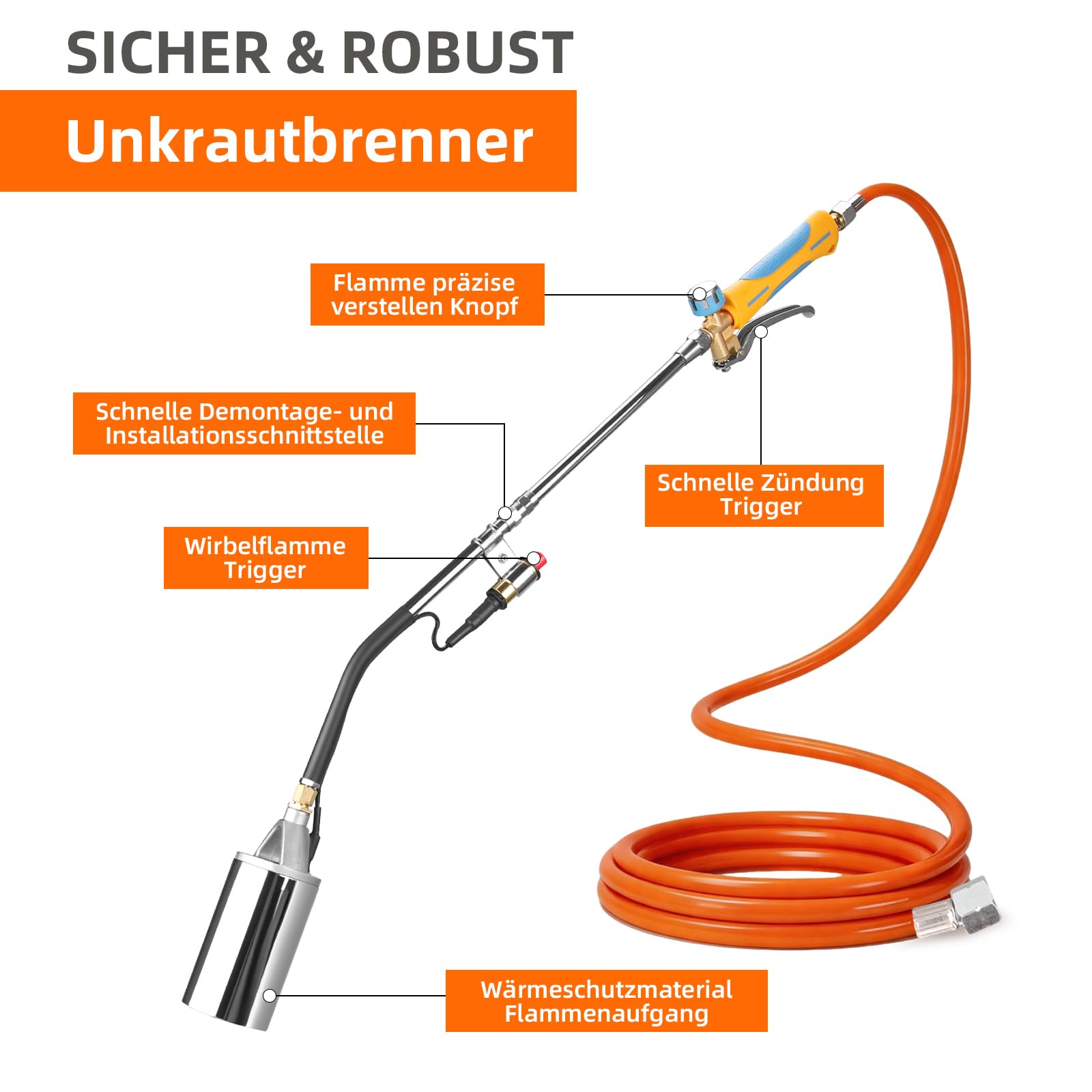 Bruciatore per erbacce con tubo di gas propano da 5 metri, 1070 °C, dispositivo di accensione piezoelettrica, bruciatore a gas per giardino, erbacce