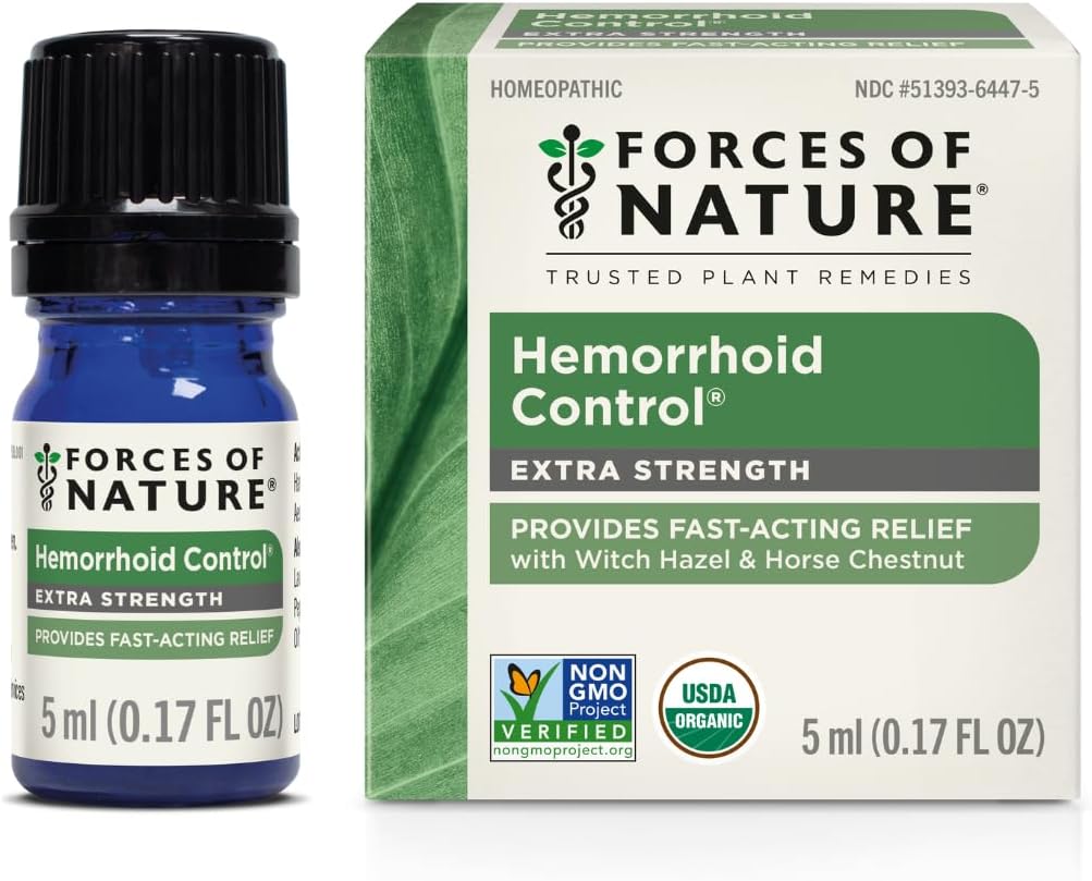 Forces of Nature Hemorrhoid Control Extra Strength, Organic Homeopathic Medicine with Witch Hazel, Horse Chestnut, and Soothing Essential Oils for Itching, Swelling & Discomfort, 5ml (0.17 fl oz)