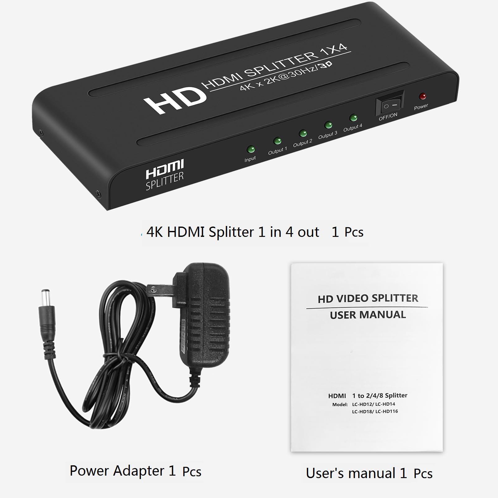 Diviseur HDMI 1 en 4 sorties, répartiteur HDMI 1 x 4, support audio et vidéo 4K à 30 Hz Full HD 1080p et 3D, compatible avec Xbox PS3/4 lecteur Blu-Ray, HDTV, STB, DVD, projecteur, etc.