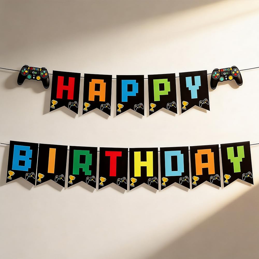 Game Theme Birthday Banner - Easy to Assemble Party Decorations for Adult Celebration, Colorful "Happy Birthday" Pennant with Controller Design
