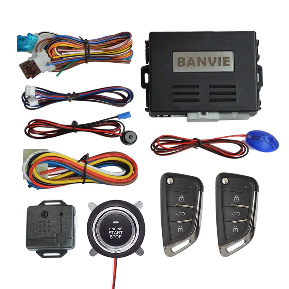 BANVIECar Alarm System with Remote Starter and Engine Start Stop Push Button (Without Siren (Connect to car Horn))