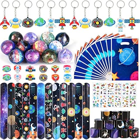 72 PCs Space Party Bag Fillers for Kids Outer Space Bouncy Balls Slap Bands Keyring Tattoos Ring Birthday Return Gifts Party Bags Space Themed Party Favours for Boys Girls Cover