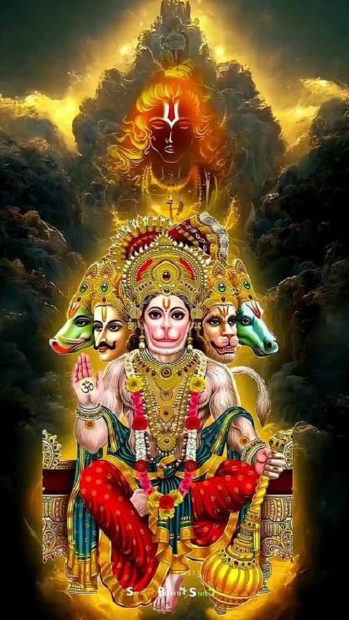 Fliptic Panchmukhi Hanumanji Religious Wall Decor Unframed Poster for Home and Office | Amazing Print Quality | Lord Hanuman Poster for Living Room Decoration (300 GSM Paper, 12 x 18 Inch, Multicolour) (Design 8)