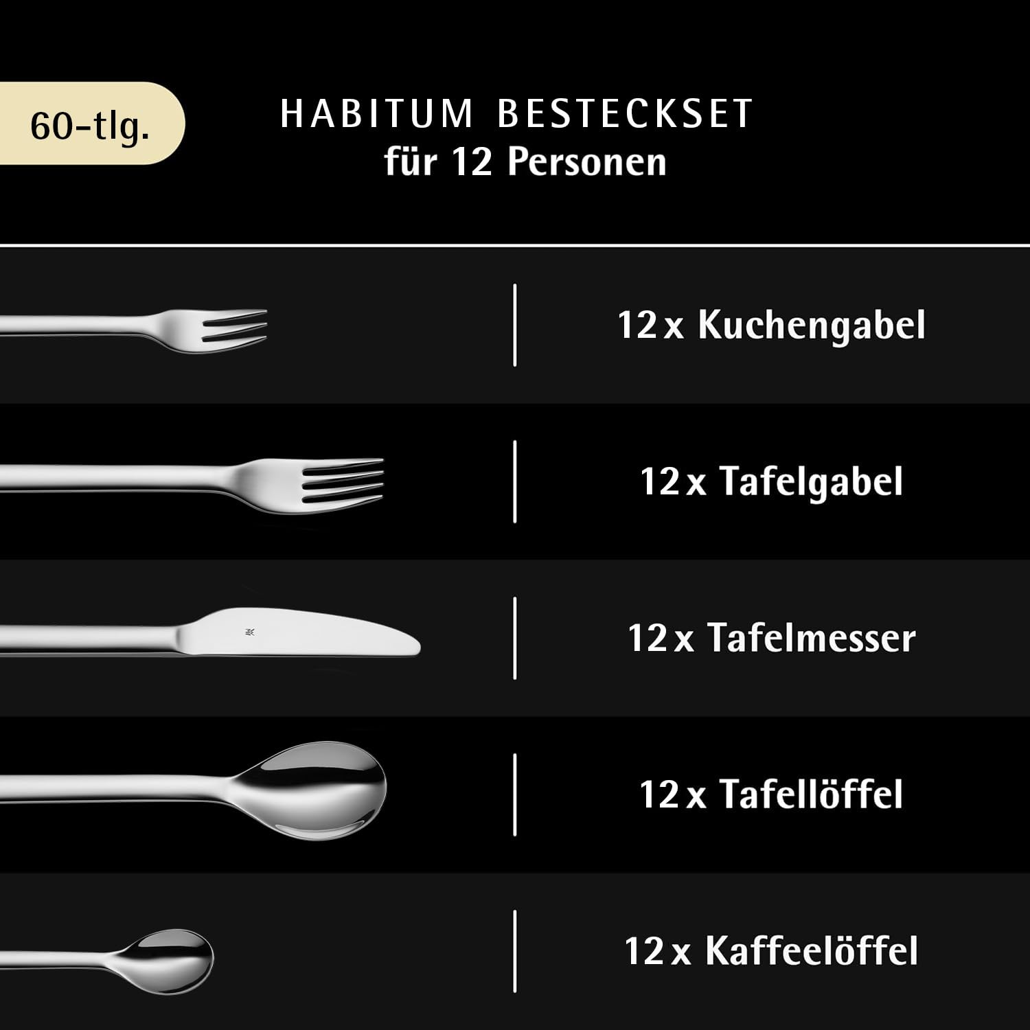WMF Habitum Besteck Set 12 Personen, Essbesteck 60 teilig, Monobloc-Messer, Cromargan Edelstahl poliert, glänzend, spülmaschinenfest