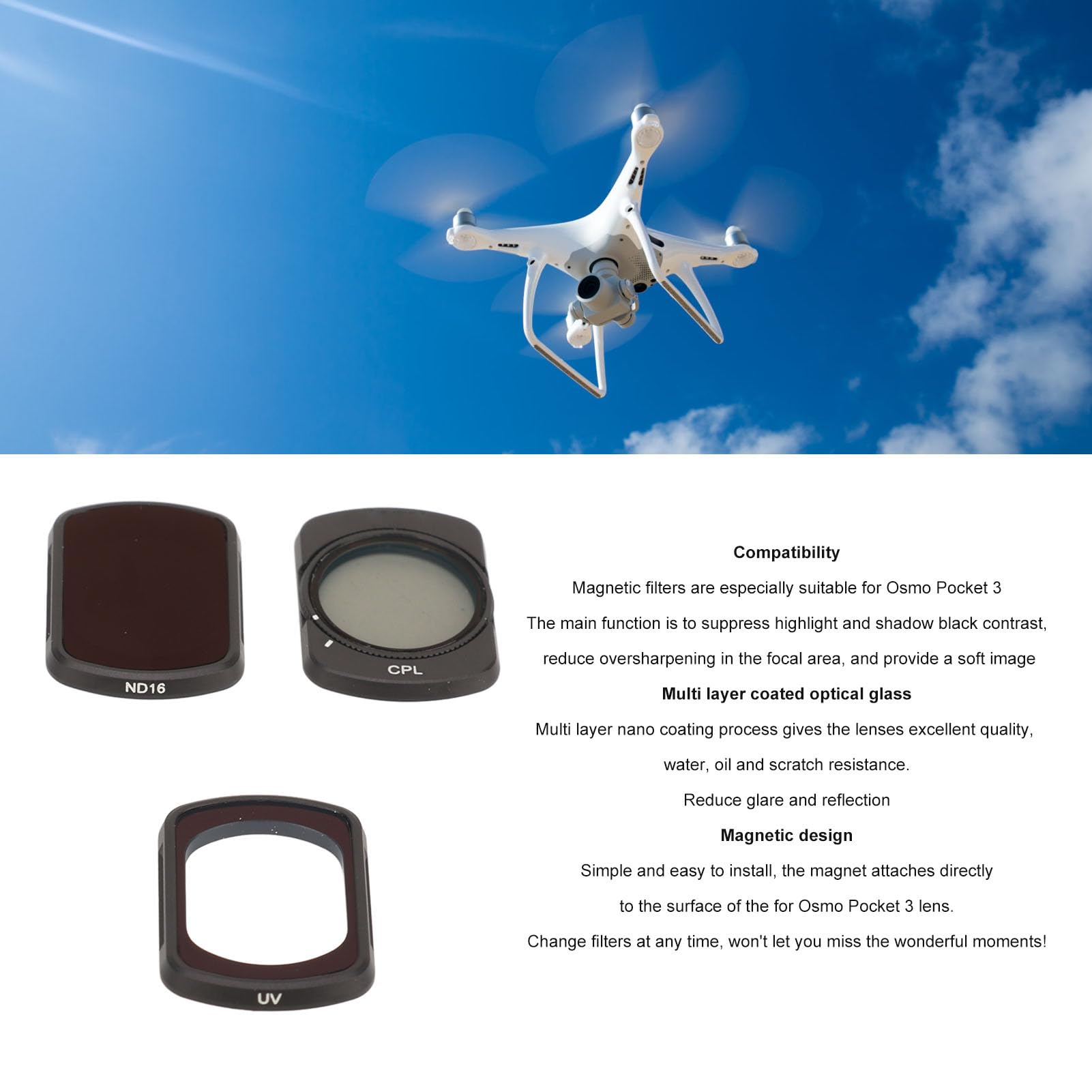 SUNGOOYUE Kit de Filtros UV ND16 CPL, Filtros Magnéticos para Lentes de Cámara de Drones Que Reducen el Deslumbramiento y el Reflejo, con Nanorrevestimiento Multicapa para Drones Pocket