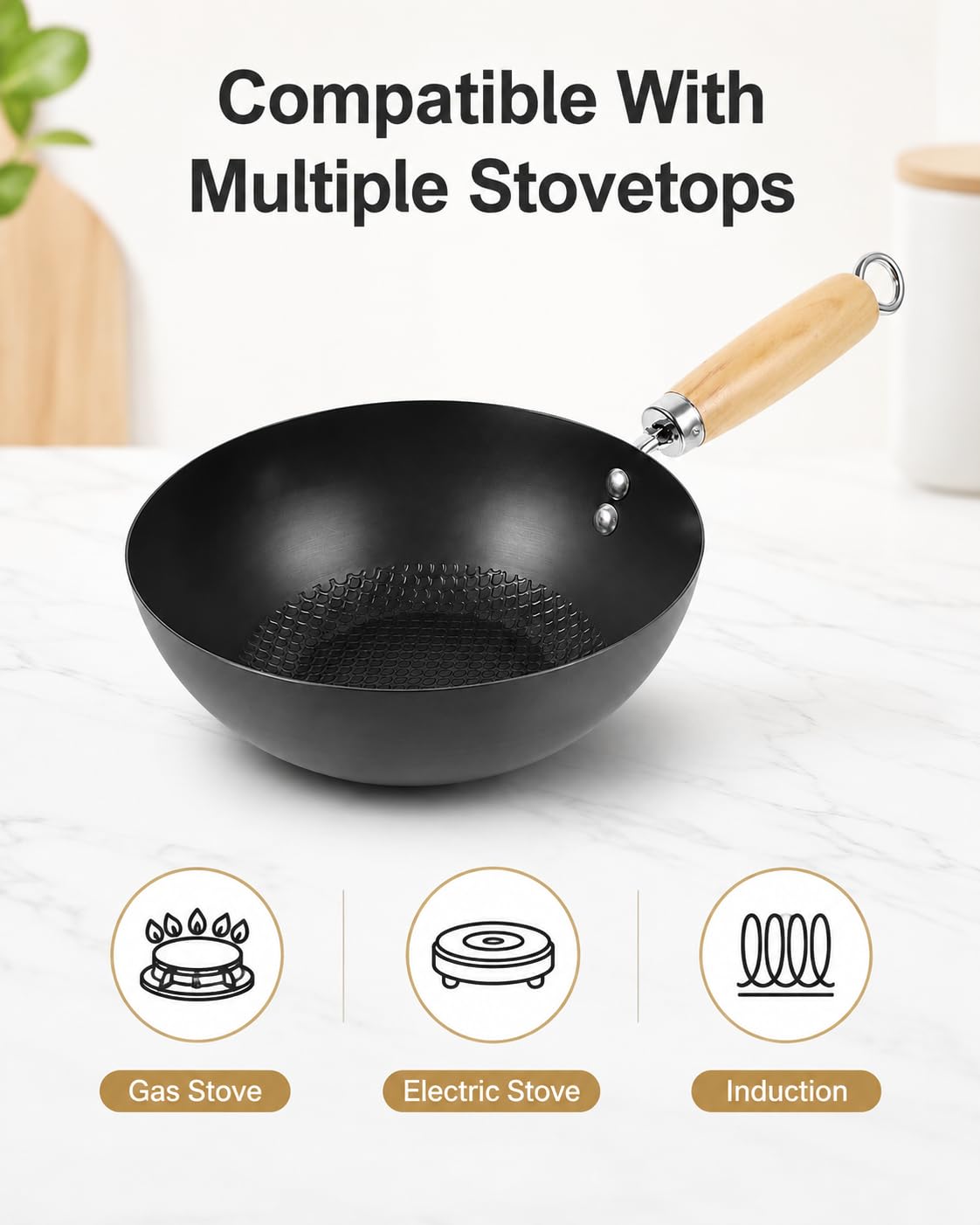Cabilock Mini padella wok in ferro battuto, 20 cm, piccola padella wok antiaderente per fornello a gas giapponese padella tradizionale per friggere piano cottura a gas a induzione